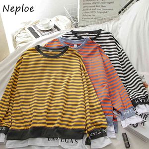 NEPLOE O Neck Pullover Långärmad Hoodies Kvinnor Mode Fake Två Piece Striped Loose Sweatshirt Loose Causal Ladies Top Wild 210423