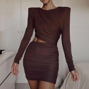 Casual Dresses Autumn Sexig Cut Out Mini Dress Women Elegant Fashion Outfits Club Party Ruched Office Lady Vestido Clothes