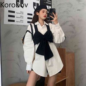 Korobov Vintage Streetwear Bow Tank Top Blusas Mujer New Arrival White Blouses Korean Chic Long Sleeve Female Shirt 210430