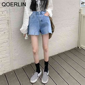 Summer Light Blue Irregular Hole Denim Shorts Chic Front Split Pocket High Waist Jeans Pants Beach Women 210601