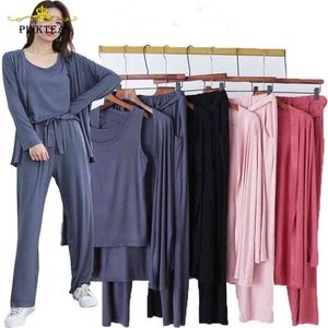 Höst 3 stycken Set Långärmad Modal Atoff Home Women's Loose Casual Pajamas Soft Cloth Plus Size Sleepwear 210809