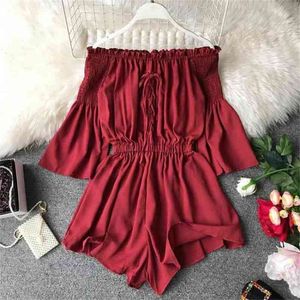 Sommar romer kvinnor slim sexig av axelbandage korta shorts playsuits kvinna hög midja boho casual jumpsuit bodysuits 210525