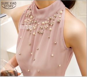 Spring Women Beading Chiffon Blouse Korean Fashion Sleeveless Turtleneck Shirt Top S M L XL 835I 210521