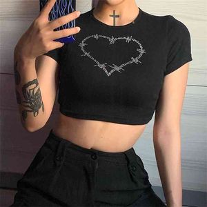 Heart Diamond Pattern Y2K Crop Tops Kvinnors T-shirts Hit Summer Kawaii Röd estetisk O-Neck Kortärmad Svart Tee Shirt 210510