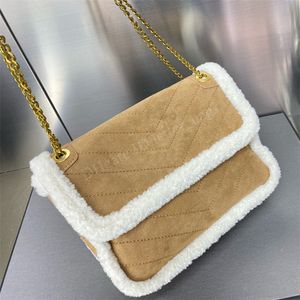 Cüzdan Çanta Omuz Tasarımcılar Çanta Crossbody Flap Çantalar Kare Tote Zincir Harfler Patchwork Çizgili Ekose Konu Kuzu Yün Alışveriş Kadın Sırt Çantası Çanta