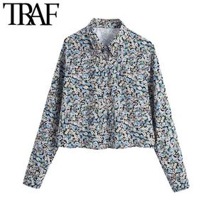 Women Fashion Floral Print Loose Cropped Blouses Vintage Long Sleeve Button-up Female Shirts Chic Tops 210507