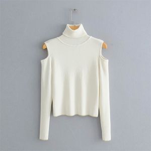 Stylish Chic Women White Turtleneck Out Shoulder Short Sweater Fashion Casual Knitwear Pullovers for Ladies Streetwear 210531