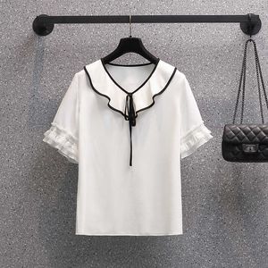 Plus Storlek Kvinnors Blus V Neck Flare Sleeve Shirts Ruffle Bow Elegant Vit Vild Top Bekväm Andningsbar Camisa 210604