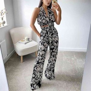 Vintage Women Print Vest Popeline Tute Summer Fashion Ladies Beach Match Sets Pantaloni a vita alta da donna Suit 210515