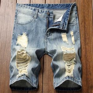 Mäns Ripped Denim Shorts Sommar Casual Loose Blue Short Jeans Högkvalitativ Brand Retro Hole 211108