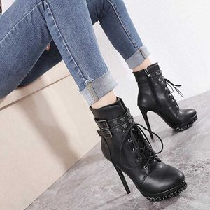 Kvinnors Höst Vinter Skor Fashion Cross Tied Platform Ankel Boots 13cm Ultra High Heels Rund Toe Botas Y0910