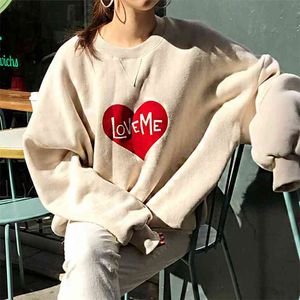 Koreanska chic höst vinter hoodies älskare o-nacke kärlek brev tryck lös fleece varm långärmad pullover tröjorHirt gx1317 210507