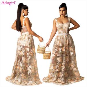 Adogirl Floral Embroidery Sheer Mesh Two Piece Dress Set Women Sexy Spaghetti Straps Bodysuit Top Maxi Skirt Födelsedagsfest Robe 211115