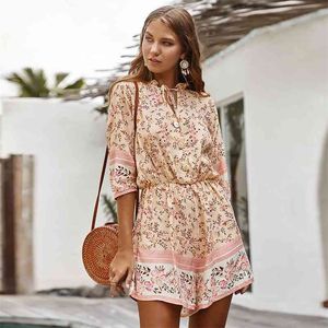 Boho Летние Rompers Комбинезоны Женщины Цветочные принт Повседневная Широкая Нога Playsuits Желтая Кнопка Комбинезон 210427