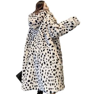 Koreański imitacja futra Leopard Drukuj Futro Futro One Płaszcz Kobiety Kurtka Zimowa Kobiety Moda Z Kapturem Ciepła Parkas Jacket 211110