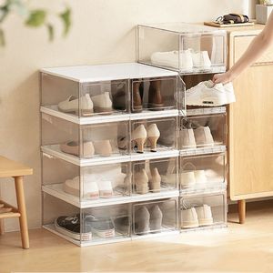 Plastic Collapsible Shoe Storage Box Bin Transparent Shoes Display Drawer Combination Cabinet Foldable Shoe Rack Dustproof Moisture-proof Stack ZL0536sea