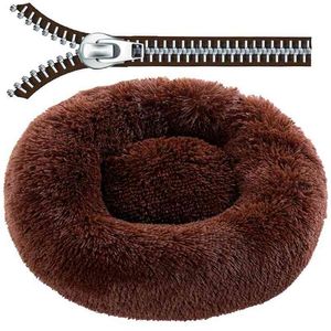 Round Plush Dog Bed with Zipper House Dog Cat Mat Winter Warm Sleeping Cats Nest Soft Long Plush Dog Basket Pet Cushion Portable 210915