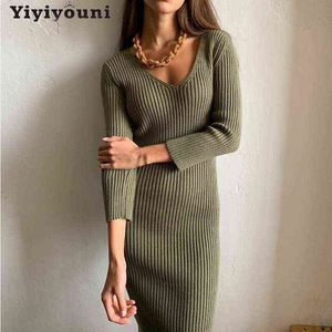 Yiyiyouni höst v-hals stickad bodycon klänning kvinnor knä längd omslagen mantel lång tröja klänning kvinnlig solid vestido feminino g1214