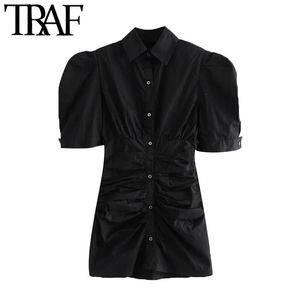 TRAF女性シックなファッションストライププリーツフィットミニドレスビンテージパフスリーブボタンアップ女性ドレスベスティドスミュージャー210415
