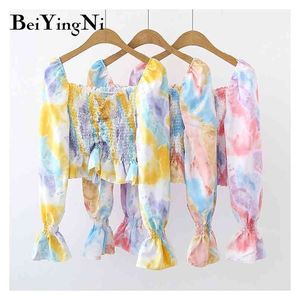 Tie Dye Y2K Blusar Blusas Kvinnor Sexig Sommar Chiffon Drawstring Fashion Söt Beskuren Toppar Kvinna Streetwear Slim 210506