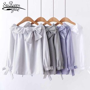 韓国のファッションレディースの服の長袖の縞模様のシフォンブラウススラッシュネックオフショルダートップトップスと5142 50 210508