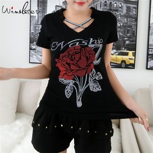 Summer Fashion Korean Clothes T-shirt Sexy Hollow Out Diamonds Rose Cotton Women Tops Ropa Mujer Short Sleeve Tees 2020 T06629 X0628