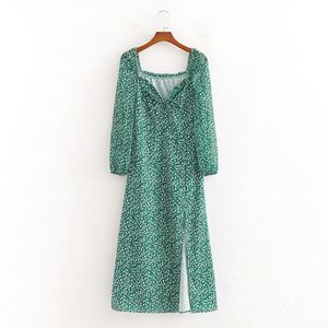 Spring Vintage z długim rękawem Zielona sukienka kwiatowa Kobiety jesienna zimowa szczelina długa sukienka maxi 2020 liść nadruk boho sukienka vestidos x0705