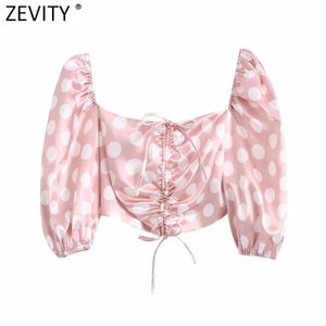 Kadınlar Seksi V Boyun Polka Dots Saten Kısa Önlük Bluz Kadın İpli Lace Up Gömlek Chic Mahsul Blusas Tops LS7690 210420