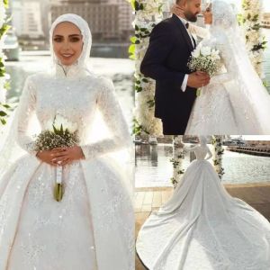 Muçulmano vestidos de noiva de pescoço alto vestido de noiva com mangas compridas rendas appliquechapel trem lantejoulas brilhantes frisadas uma linha vestidos de novia feito sob encomenda plus size 401