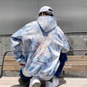 Jesień Zimowy Tie-Dye Mężczyźni Z Kapturem Oversize Pullover Top Para Ubrania Plus Velvet Unisex Streetwear Koreański Styl Casual Bluzy 210813