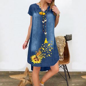 40# Abito in denim vintage Abito dritto stampato floreale Abito casual con scollo a V manica corta al ginocchio Abito taglie forti Abbigliamento donna per donna