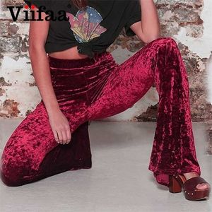 Viifaa Largo perna de cintura alta Velvet Flare Calças Stretchy Skinny Streetwear Calças Outono Inverno Roupas Slim 211124