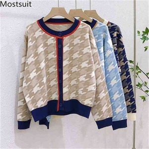 Outono coreano Houndstooth de malha cardigans blusas mulheres manga comprida cor-bloqueada única-breasted vintage elegante tops 210513