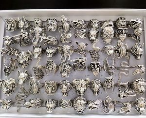 Multi design Mix Animal Silver Punk Ring Mens Rocker Cool Alloy Rings Snake Lion Leopard Dragon Elephant Owl Gecko Eagle Rings Man Gift Vintage Jewelry