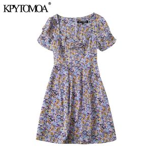 女性シックなファッションフローラルプリントプリーツミニドレスビンテージ半袖バックジッパー女性ドレスvestidos Mujer 210416