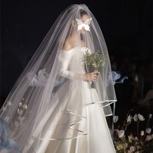 ブライダルベールズレアルPO 1.5M3.5mソフトホワイト/アイボリー2層結婚式ベールリボンエッジマンティーラの花嫁veu de Noiva TS006