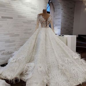 Customized luxury see-through wedding dress A-line long-sleeved feather applique beaded banquet host