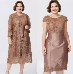 Neue maßgeschneiderte Mutter von Brautkleidern für Spitze applizierte Scheide Schaufel Hals Satin Knie Länge zwei Stück formales Abendkleid BC0279