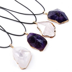 Irregular Natural Crystal Stone Gold Plated Energy Pendant Necklaces With Rope Chain For Women Girl Fashion Sweater Jewelry