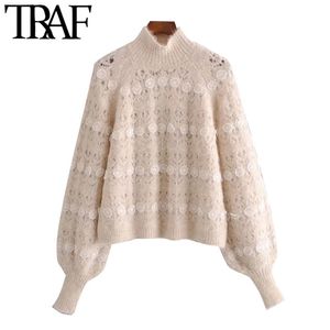 Женская мода кружева лоскутное искусственное жемчужное вязаное свитер винтаж высокой шеи с длинным рукавом женские пуловеры шикарные вершины 210507