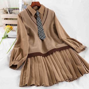 College wind Autumn pleated dress womens Knit vest outside two-piece dress short Vintage suit Pleated Suede dresses for women 210514