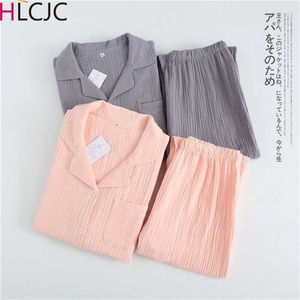 Solide Atmungsaktive Liebhaber 100% Baumwolle Crepe Pyjamas Sets Frauen Männer Herbst Langarm Frische Weiche Pijama Mujer Casual Pyjamas 211112