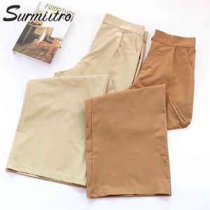 Frühling Sommer Baumwolle Koreanische Stil Breite Bein Knöchel Hosen Frauen Schwarz Khaki Grün Hohe Taille Hose Weibliche 210421