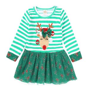 Christmas Deer Autumn Baby Kids Girl Dresses For s Long Sleeve Stripe Tulle 210429