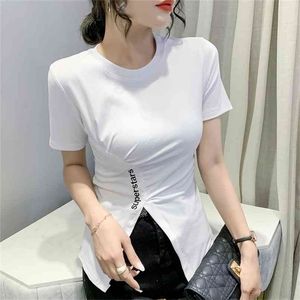Korean summer Women short Sleeve embroidery T Shirt Fashion ops Split fork Casual Slim Woman Shirts 210507