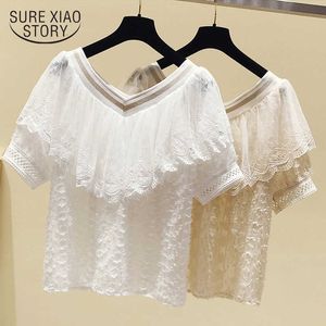 Kvinnor Kortärmad Ruffle Stitching Chiffon Shirt V-Neck Slim Sweet Solid Koreanska Chic Tassel Toppar Summer Lace Blouse 13497 210528