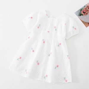 Bordado Flor Branco Menina Vestido Estilo Coreano Verão Redondo Posquia Soff Sleeve Crianças Crianças Crianças Criança Criança 210515