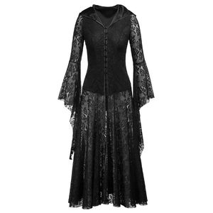 Lässige Kleider Schwarz Halloween Punk Kleid Cosplay Frauen Sexy Spitze Goth Lange 2021 Viktorianischen Vintage Retro Steampunk Gothic Mit Kapuze