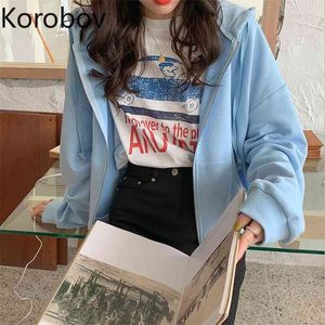 Korobov Koreanische Feste Langarm Lose Casual Mäntel Vintage Streetwear Mit Kapuze Adrette Jacken Chic Zipper Chaqueter Mujer 210430