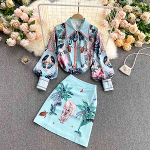 SINGREINY Women Spring Retro Print Blue Set Turndown-Collar Puff Sleeve Button Blouse+High Waist Slim Short Skirts Two Piece Set 210419